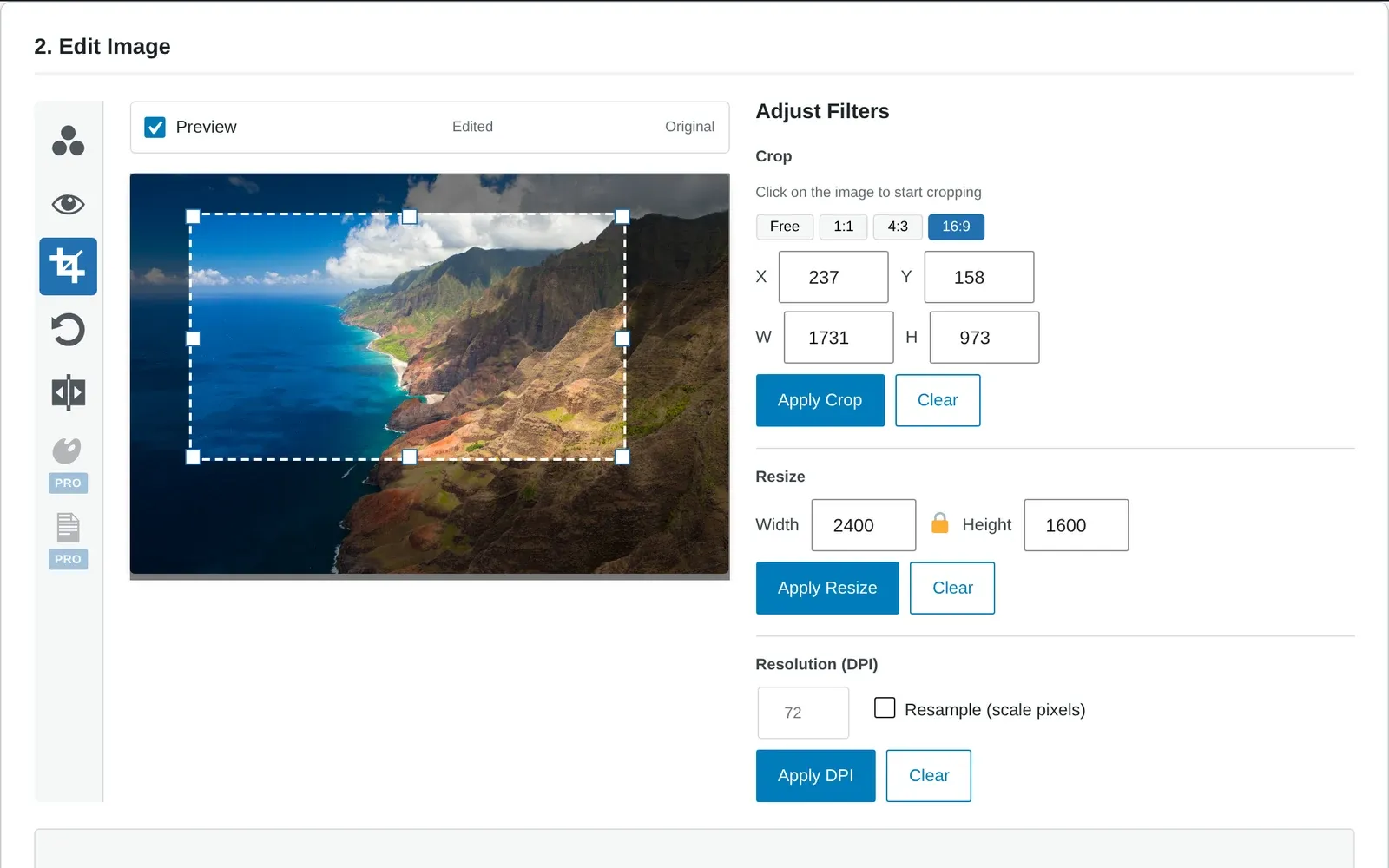 Crop with an interactive overlay and aspect presets, beside resize and DPI.