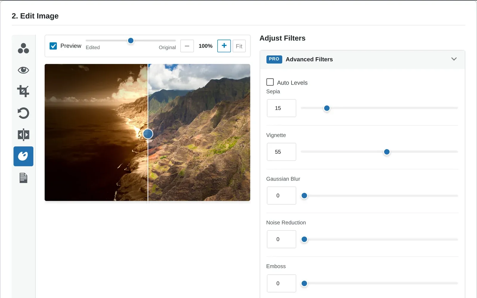 The Advanced Filters panel in the Pro add-on, with sepia and vignette shown alongside brightness, saturation, hue, auto levels, blur, noise reduction and emboss.
