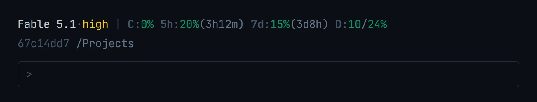 The Claude Code status line rendering the model, effort level, context use, the five hour and seven day rate limit windows, and a daily budget figure