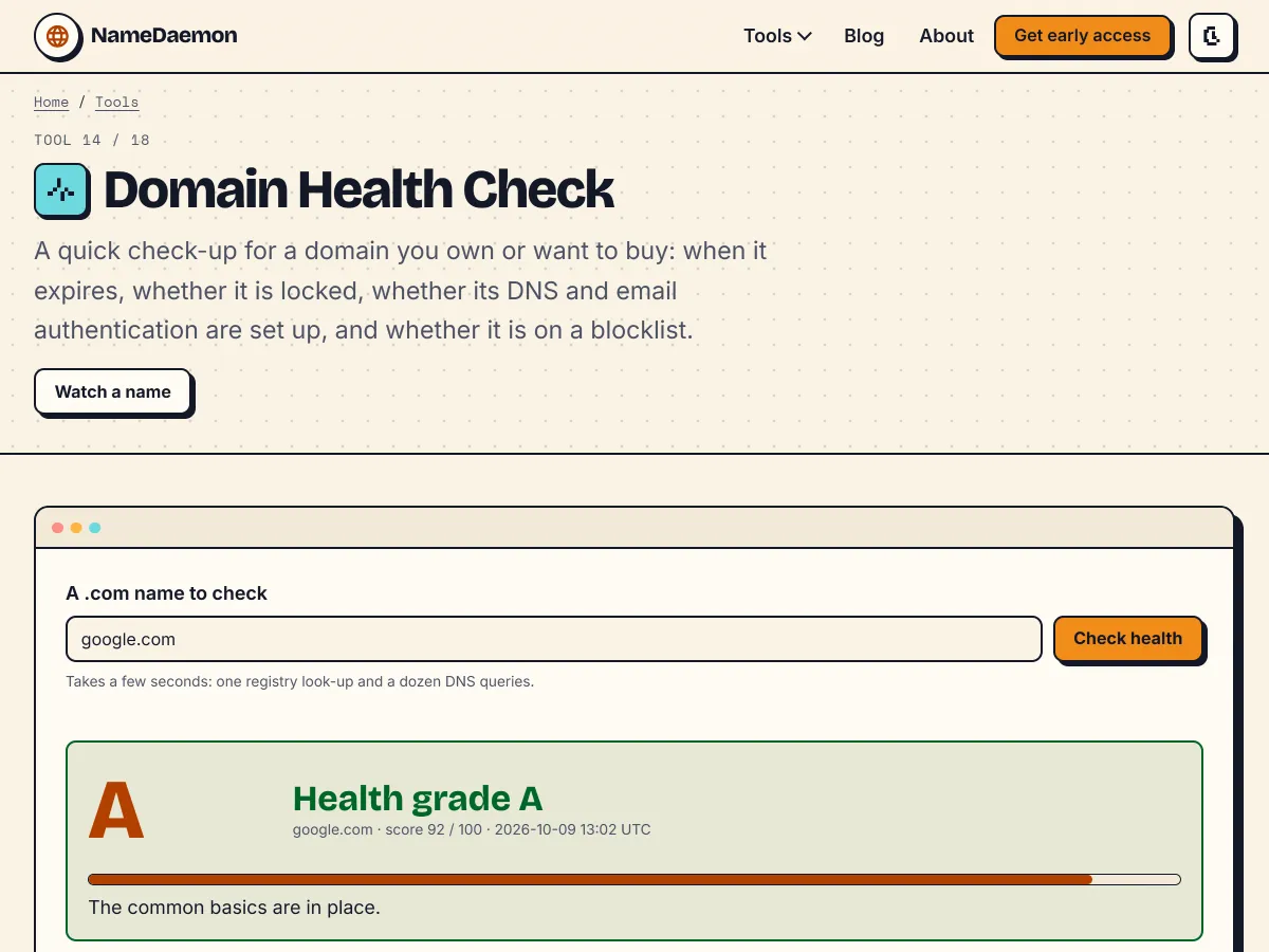 The Domain Health Check on google.com, reporting a grade, a score out of 100 and the time the check ran.