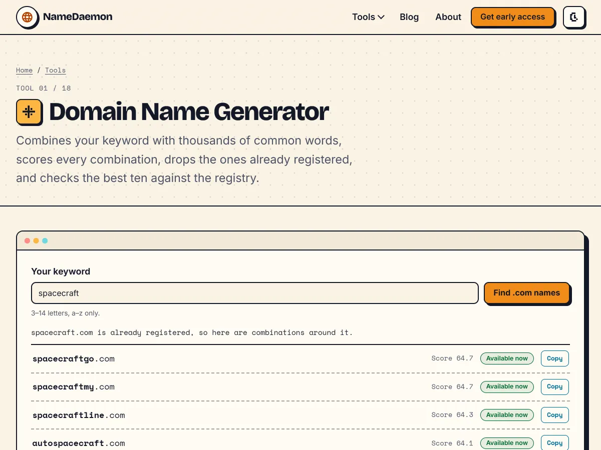 The Domain Name Generator, run on the keyword spacecraft. Every suggestion carries its score and whether it is available now.