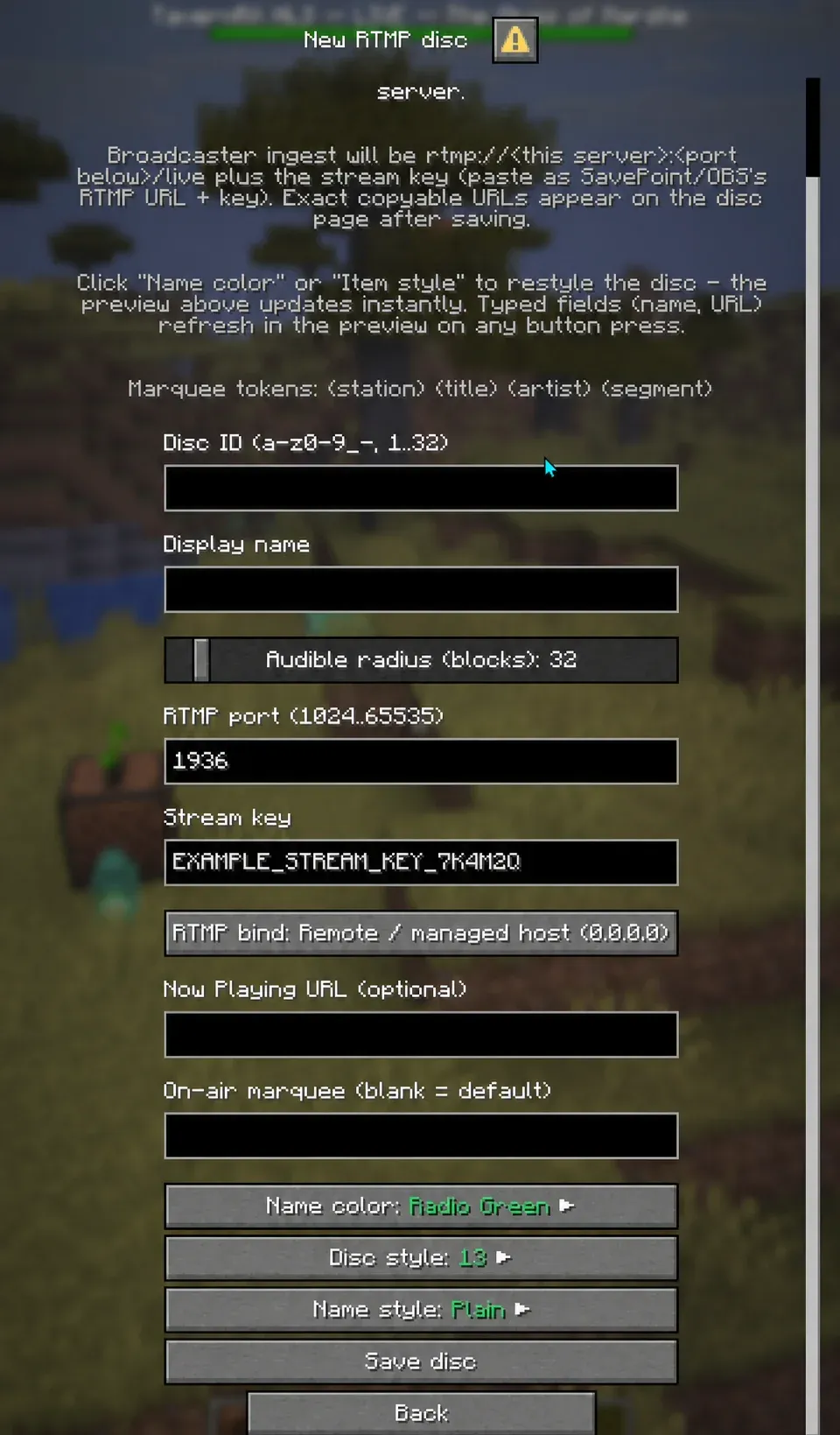 Set up an RTMP receiver for OBS, DJ software, broadcast automation, or a relay, with its port, stream key, and public host.