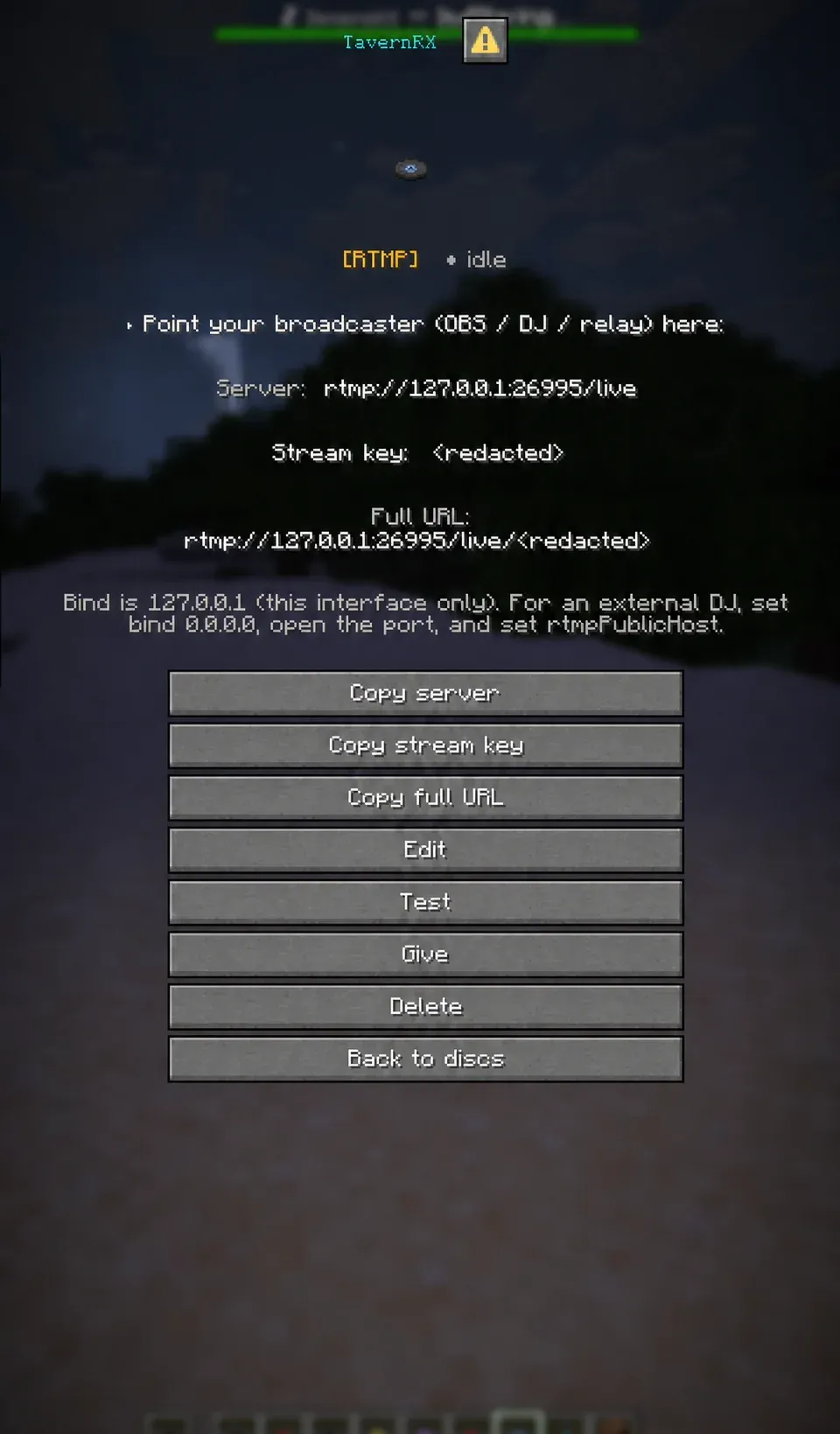 Copy the RTMP server, stream key, or full ingest URL, then test, monitor, or give the finished disc in game.