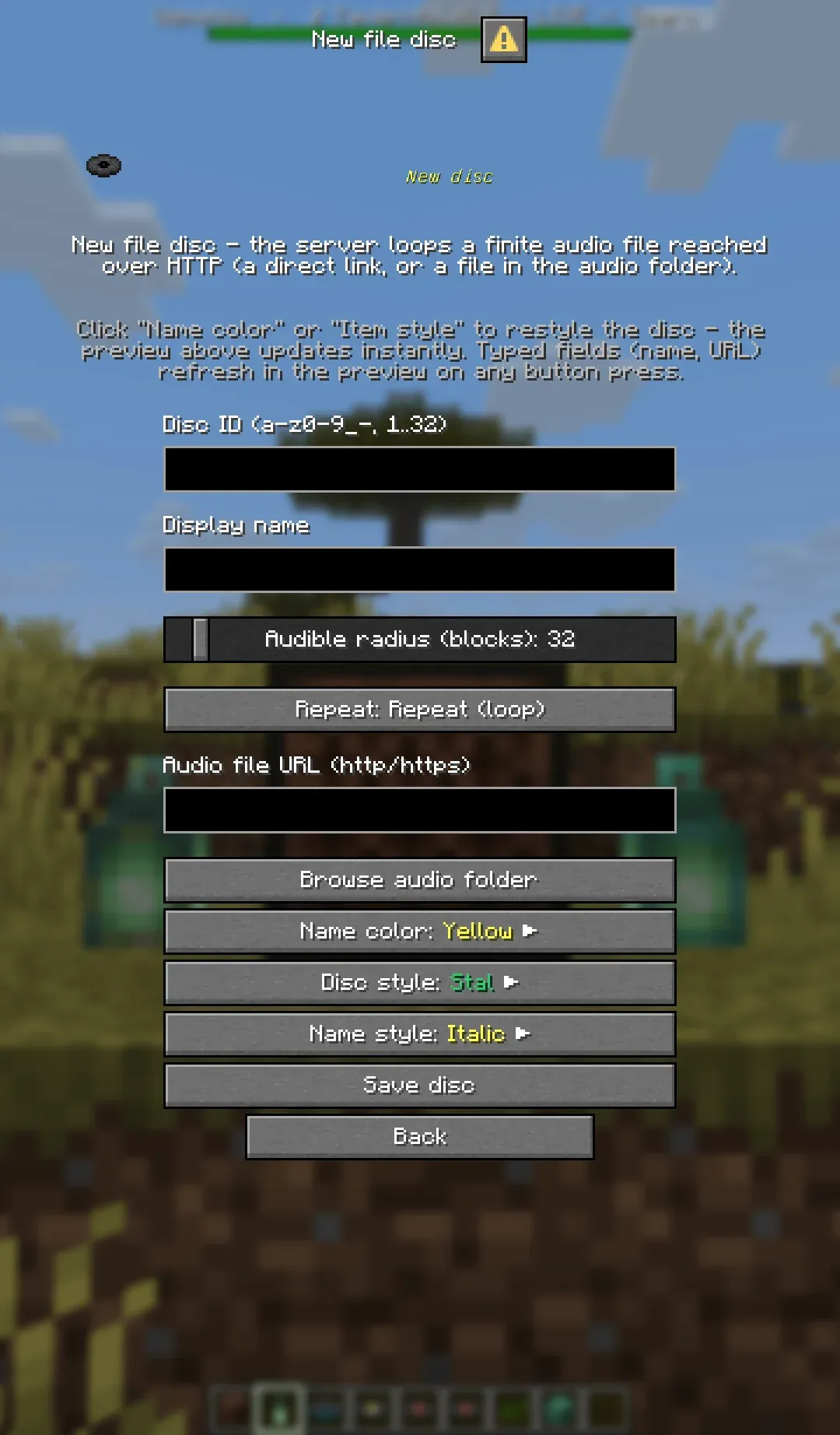 Loop or play audio files kept on the server or reached over HTTP, with repeat behavior, radius, colors, and styles.