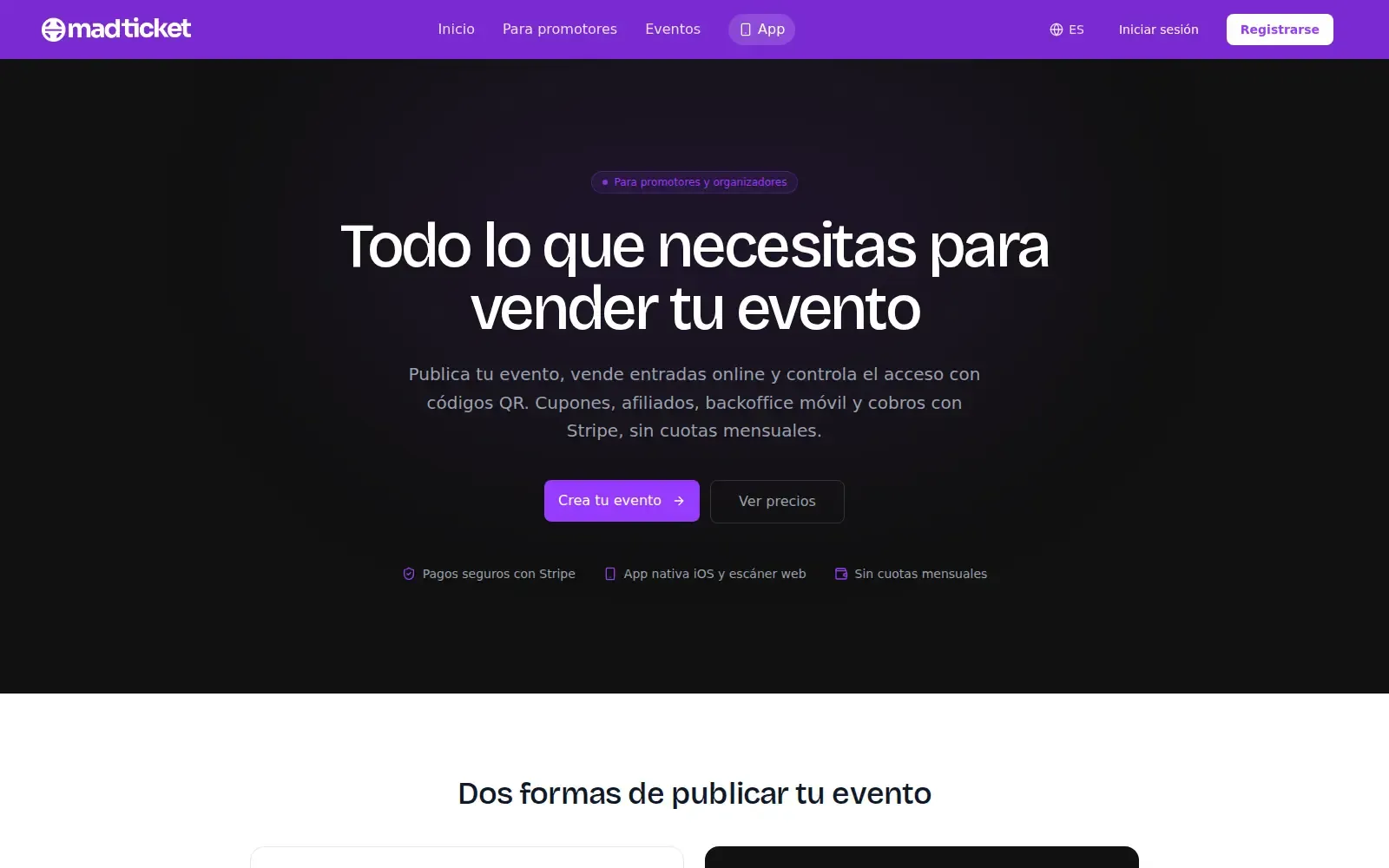 The organiser page: publish an event, sell through Stripe and control the door.