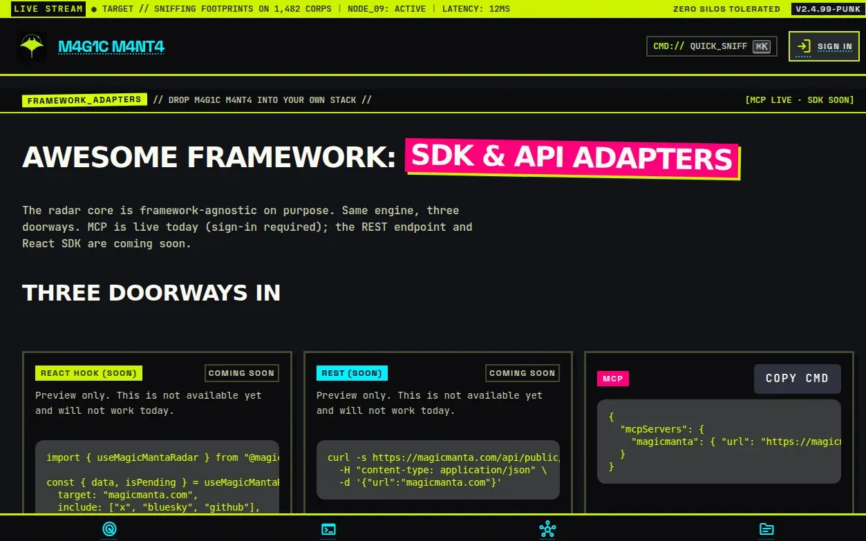 Three doorways into the same engine. The MCP server is live now; REST and a React SDK are marked coming soon.