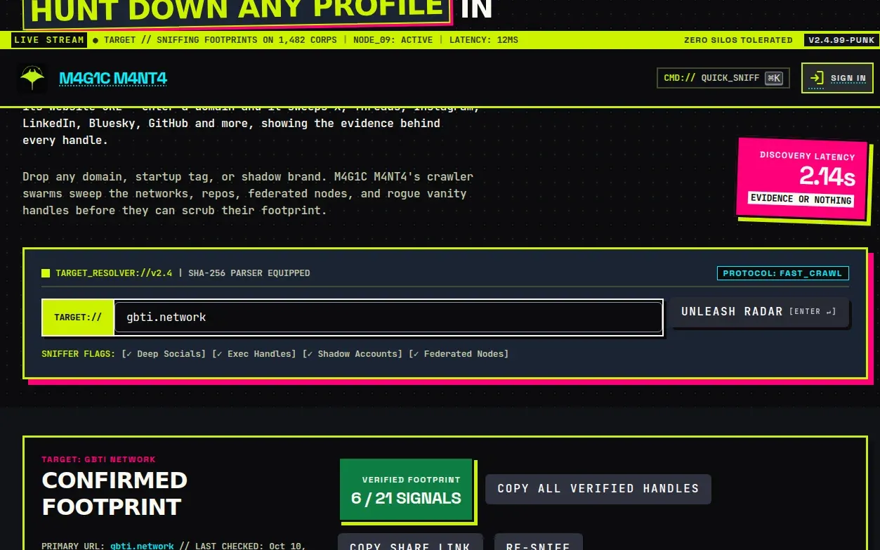 A lookup on gbti.network: confirmed footprint, 6 of 21 signals, and one button to copy every verified handle.