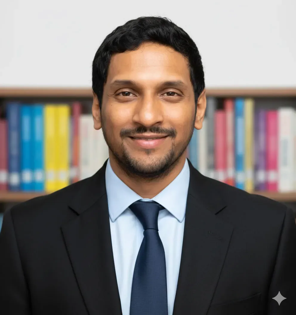 A person wearing a black suit jacket with a light blue dress shirt and a dark navy tie. Image generated using Nano Banana.