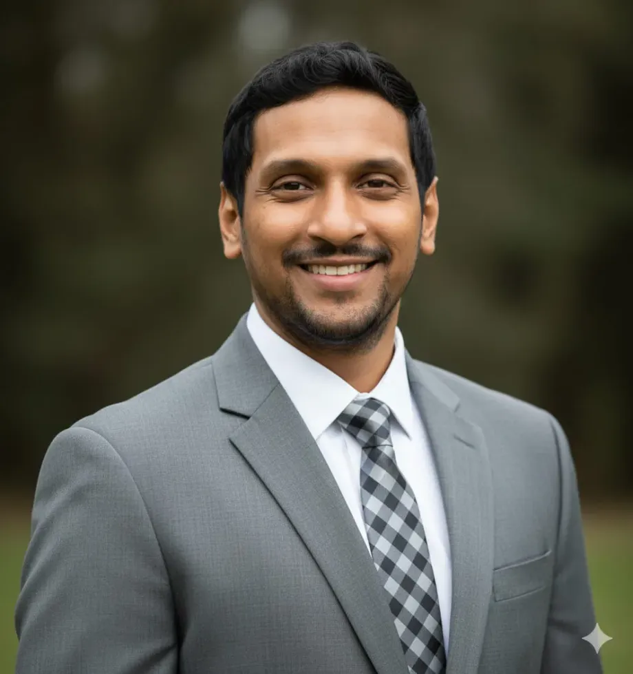 Nano Banana Headshot: Light Gray Suit, Checkered Tie, Greenery — example result generated with Nano Banana