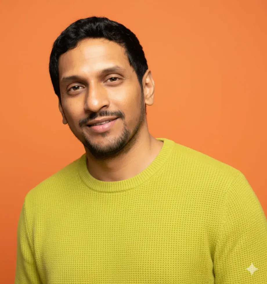 Nano Banana Headshot: Chartreuse Top, Bright Orange Backdrop — example result generated with Nano Banana