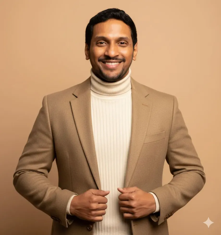 Nano Banana Headshot: Beige Blazer and Cream Turtleneck — example result generated with Nano Banana