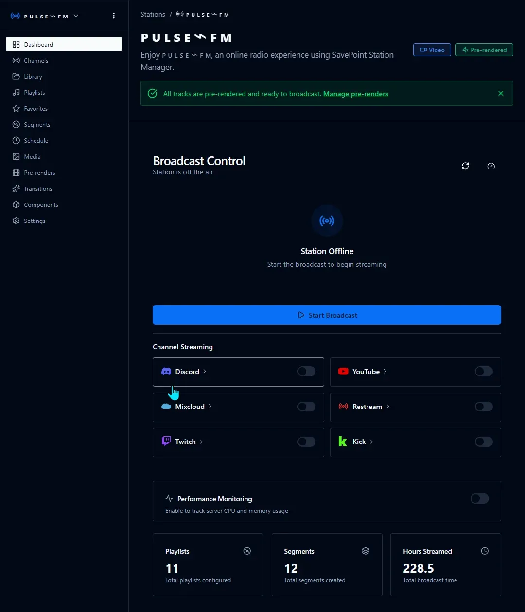 Broadcast Control, with Start Broadcast, a toggle for each connected channel, and station totals.