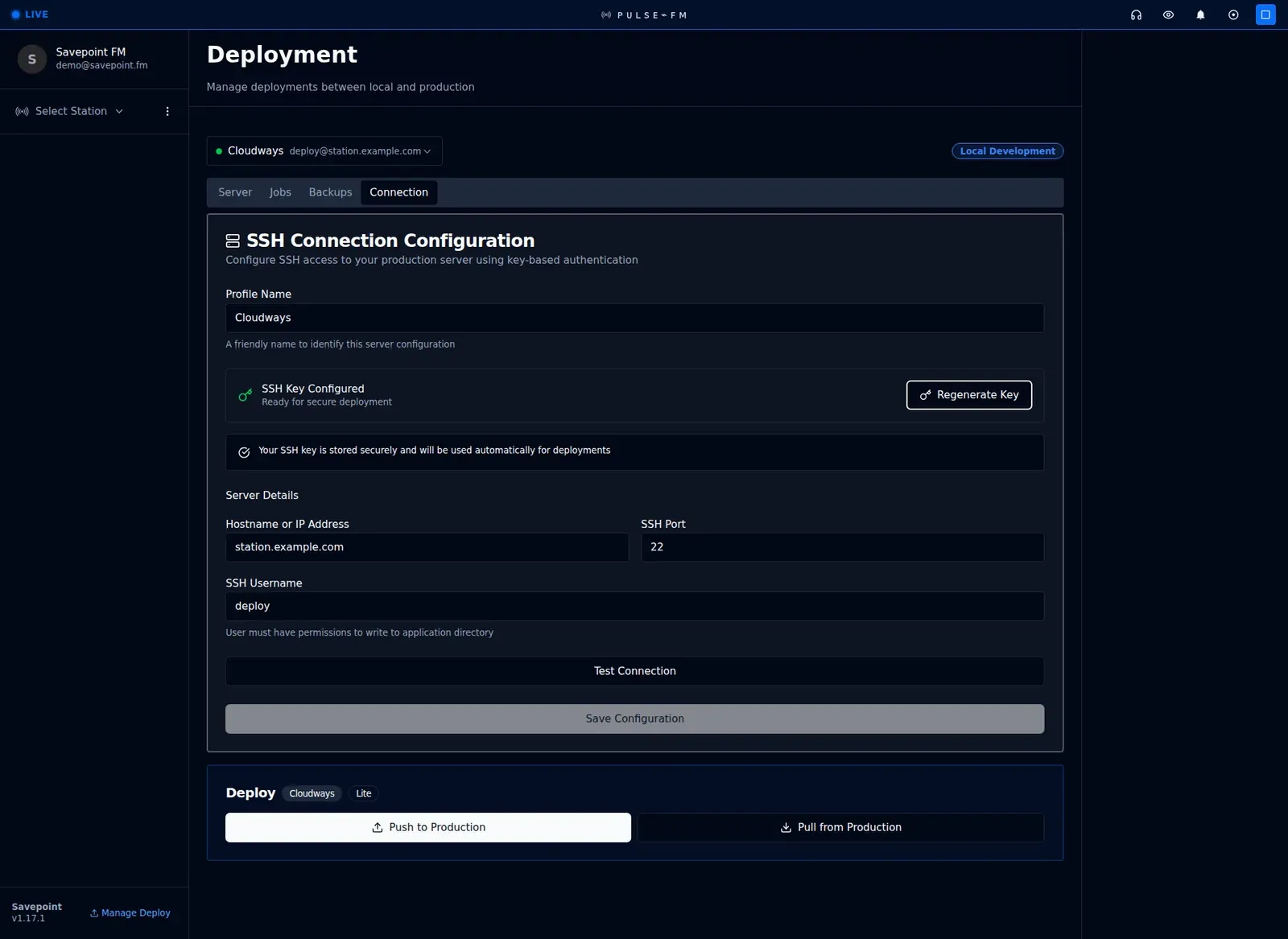 The Deployment connection tab, where a production server is configured over SSH with key-based authentication.