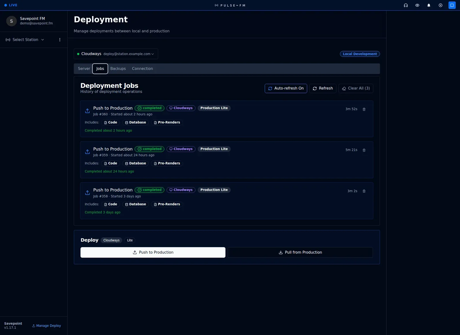 The deployment jobs history, listing each completed push and what it included.