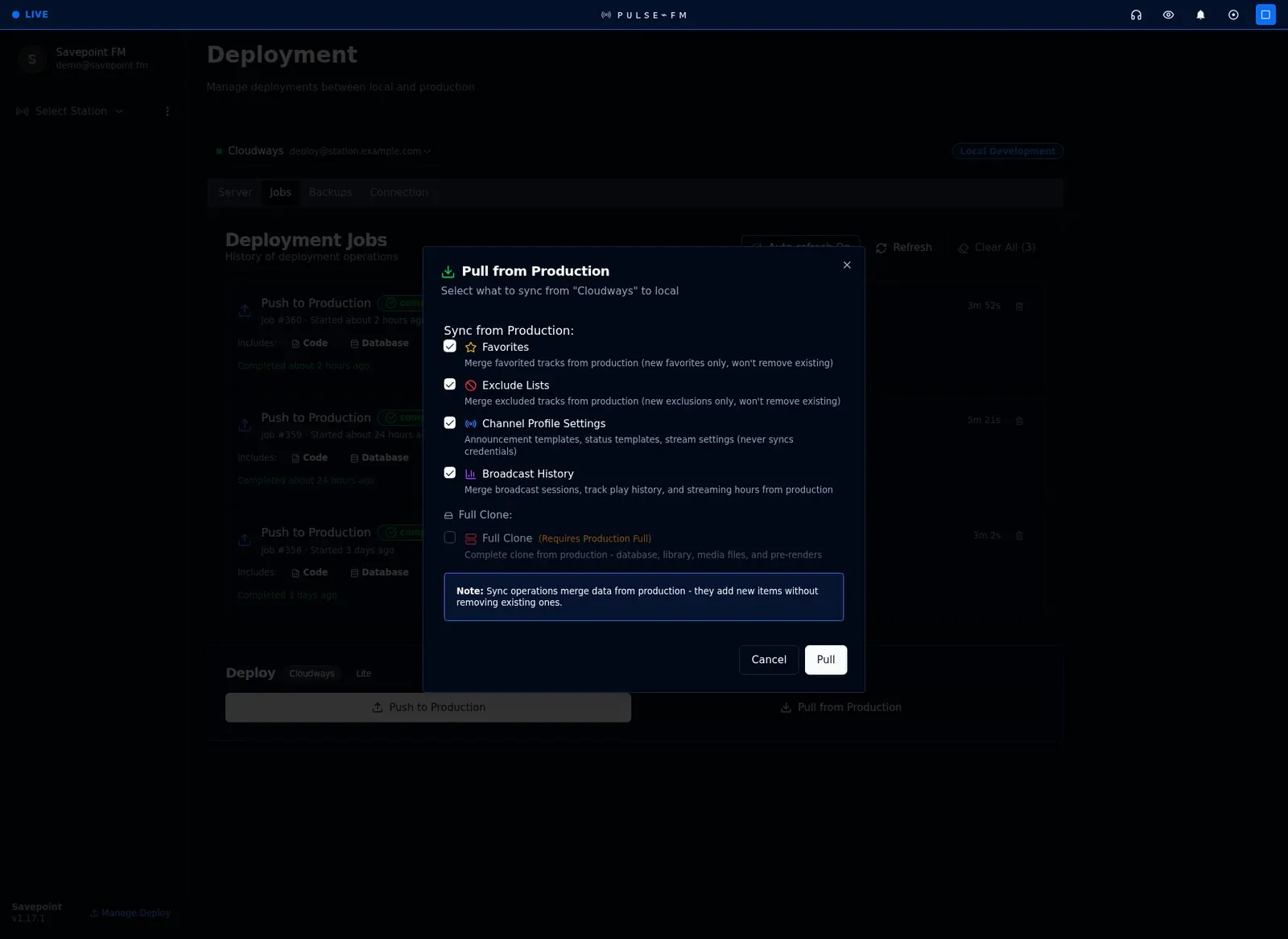 Pull from Production, merging favorites, exclude lists, channel settings, and broadcast history into the local copy.