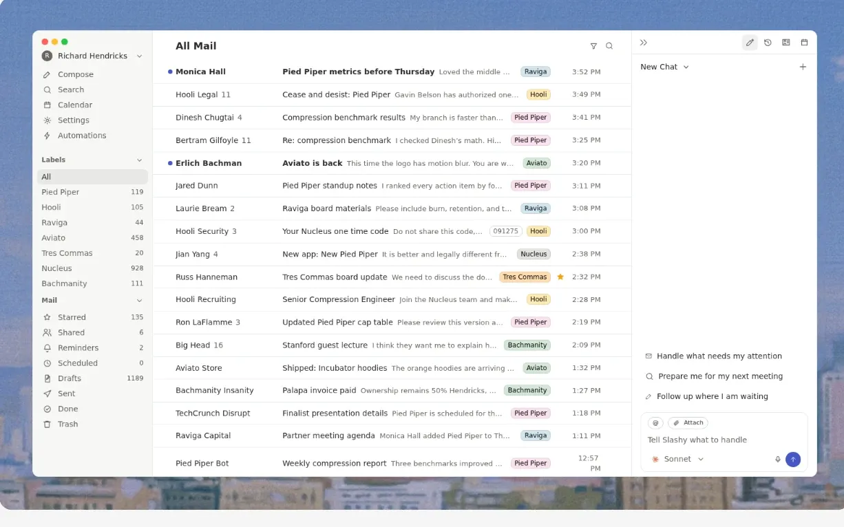 The Slashy inbox with the AI assistant panel open (demo data).