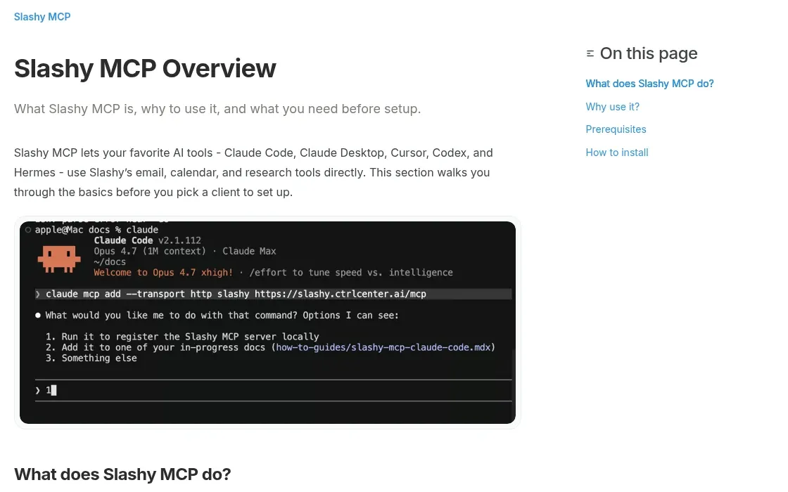 Add the Slashy MCP server to Claude Code in one command.