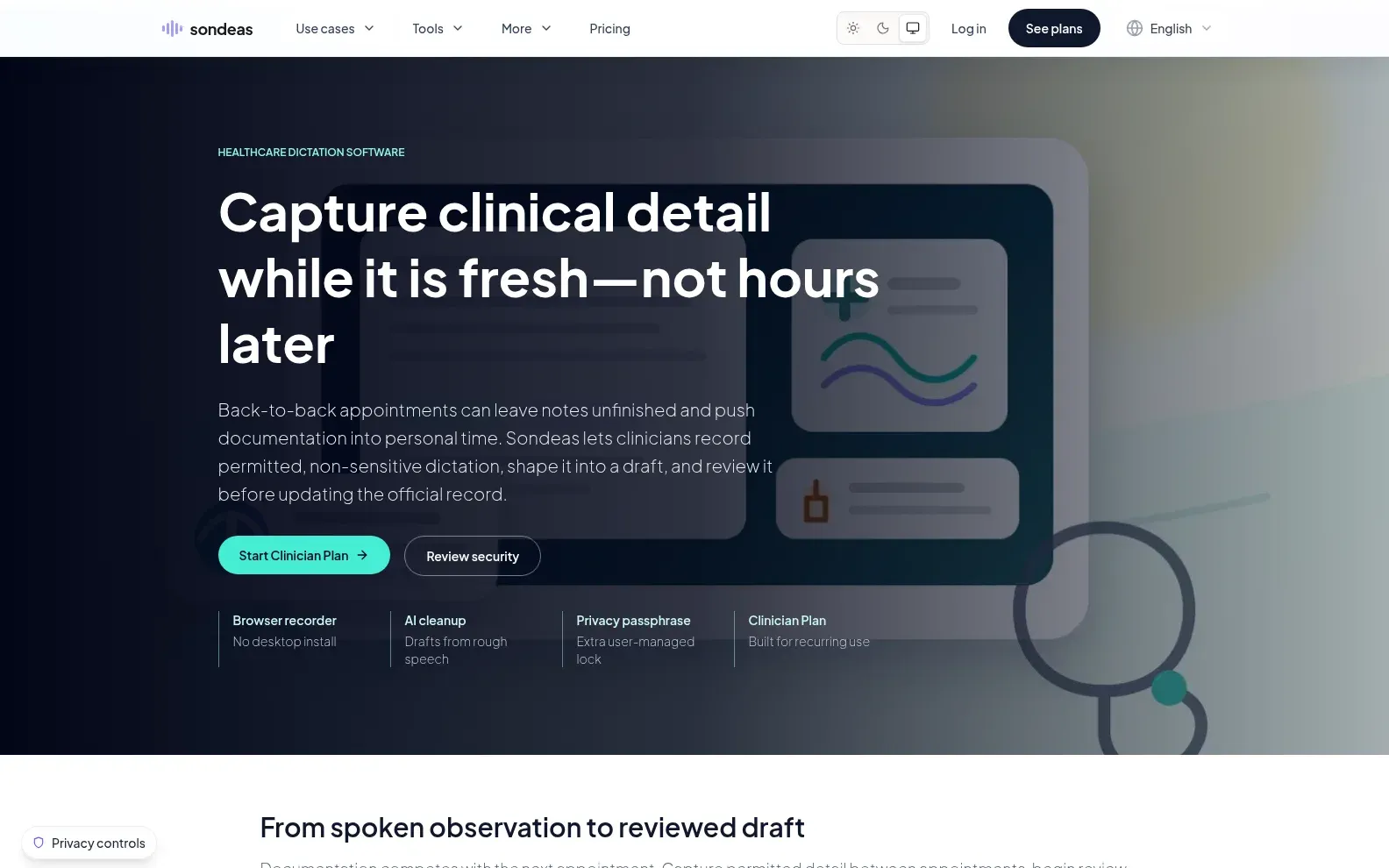 The healthcare dictation page: capture permitted detail between appointments, shape it into a draft, and review it before the official record is updated.