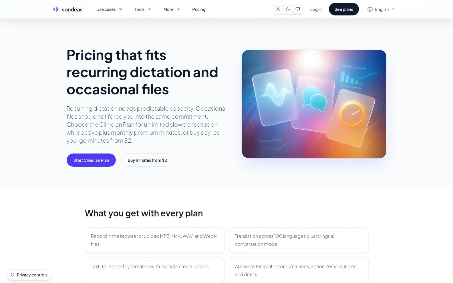 Two ways to pay: the Clinician Plan for recurring dictation, or pay-as-you-go minutes from two dollars for occasional files.