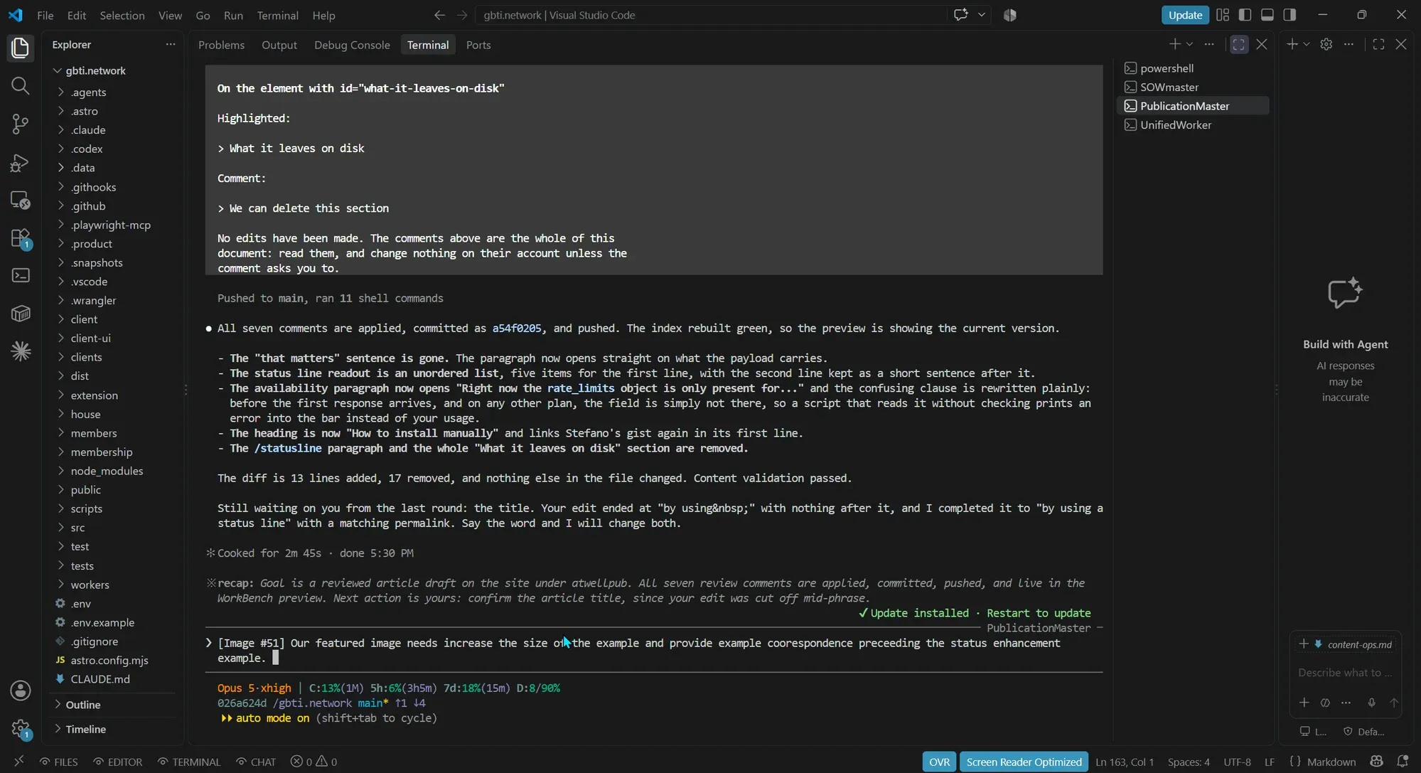 Claude Code running in the VS Code terminal panel, with the status line at the bottom reading the model, context use, the five hour and seven day rate limit windows, and the daily pace figure