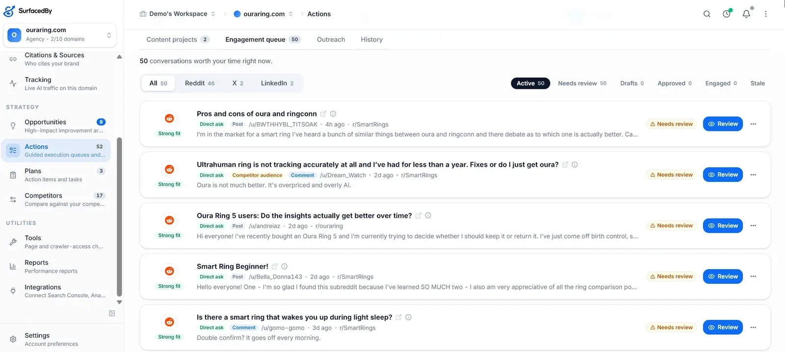 The engagement queue: Reddit, X and LinkedIn conversations worth a reply, each held for review.