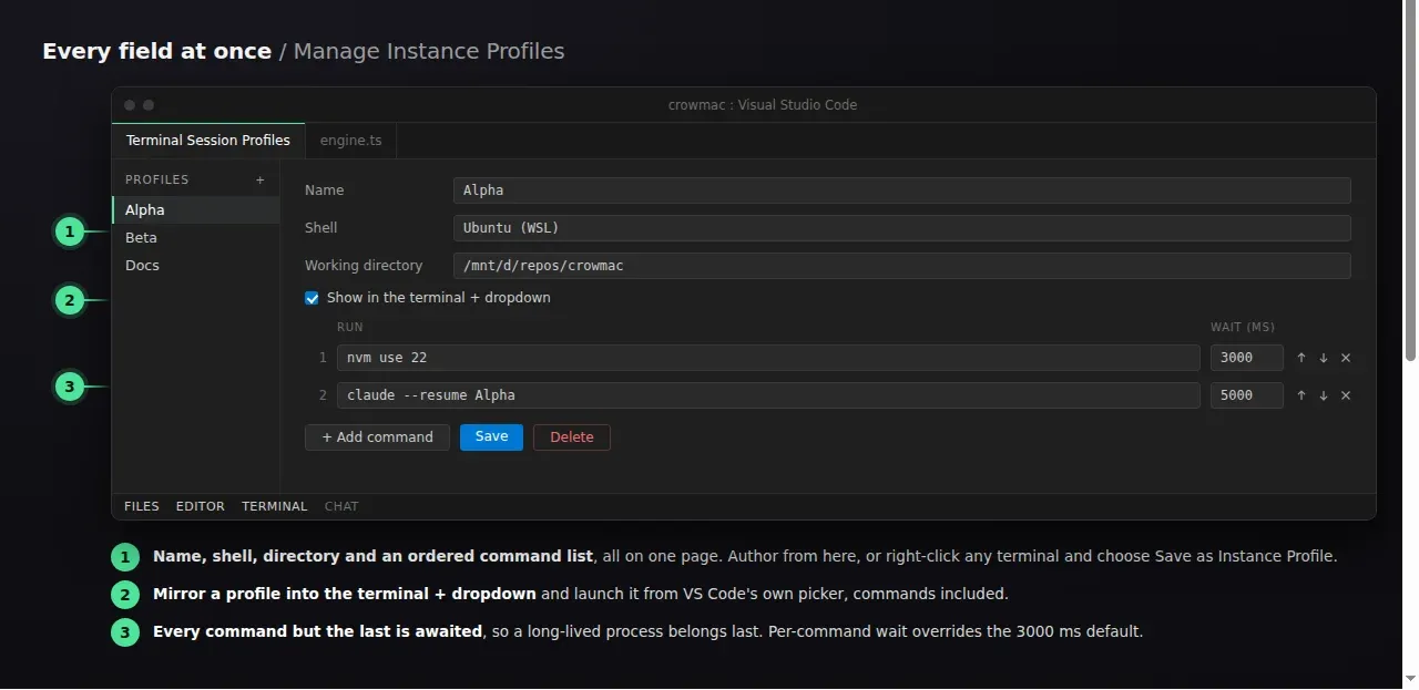 The profile editor showing the profile name, shell, working directory, and ordered commands