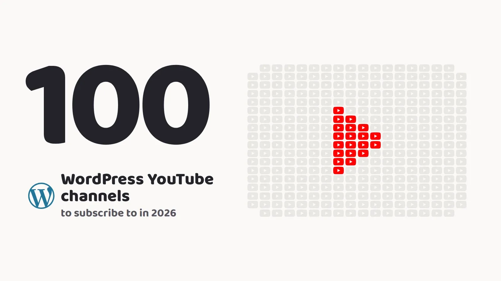 100 WordPress YouTube channels to subscribe to in 2026, with the WordPress logo and a grid of small play buttons shaped like one large YouTube play button